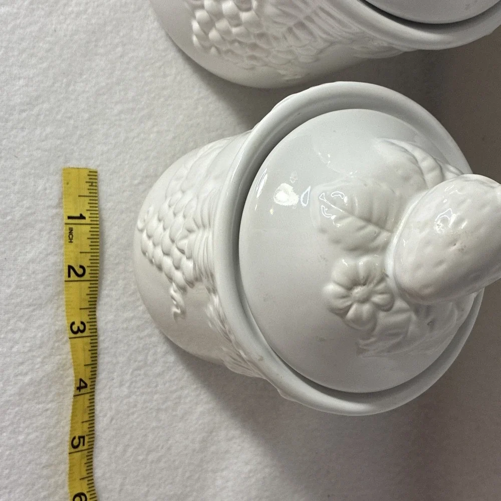 Set of  4 Vintage White Lidded Ceramic Canisters,  Grapevine and Strawberry Lid.